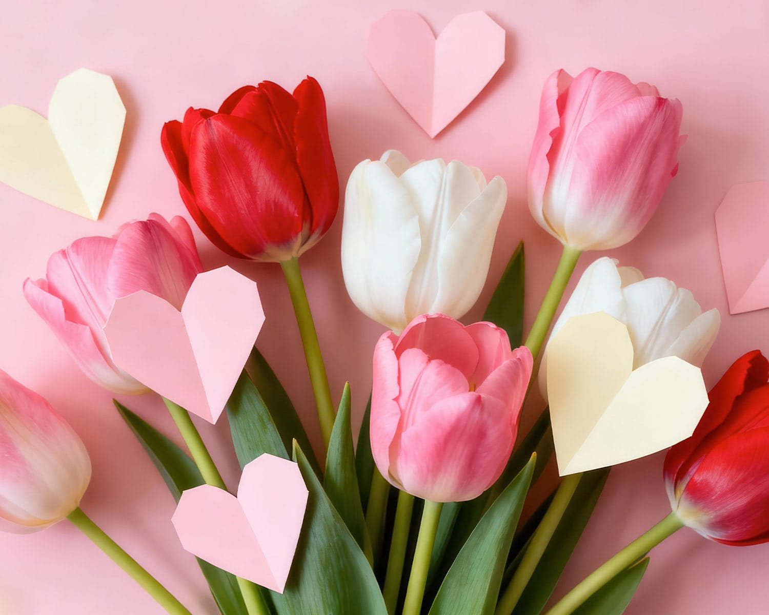 Colorful Galentine's bouquet with pink, red, and white tulips and pastel paper heart cutouts on a pink background