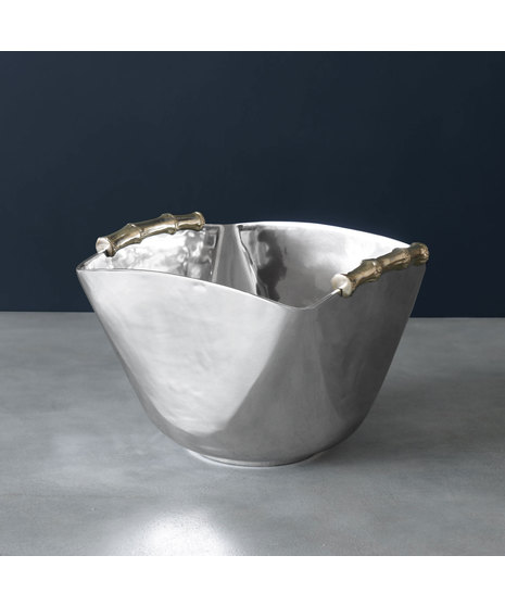 silver ice dish with gold-toned bamboo handles