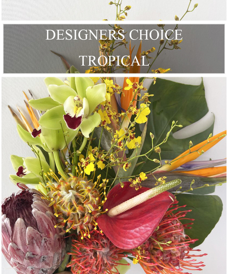 Assorted hand-selected tropical flowers imported from the Hawaiian islands and wrapped presentation style.