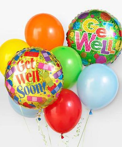 Balloon bouquet with balloons that say 