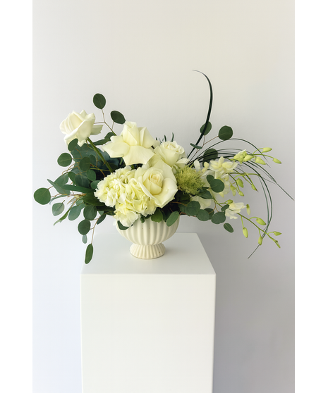 Cloud 9 white flower arrangement with roses, hydrangea, orchids – Marco Island Florist