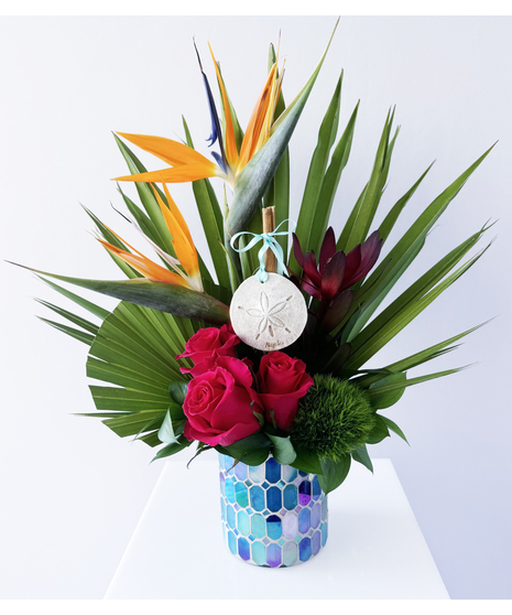 tropical flower arrangement in dramatic style