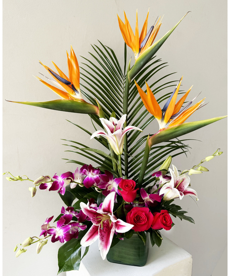 Orange lilies, mokara orchids, green kermit button mums and birds of paradise in a glass vase.